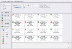 EvoDATA Manager Schedule showing cases ready for a step, color coded by status
