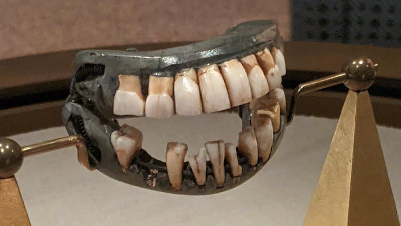George Washington's dentures with lead bases, human and animal teeth and coiled springs, on display at Mount Vernon