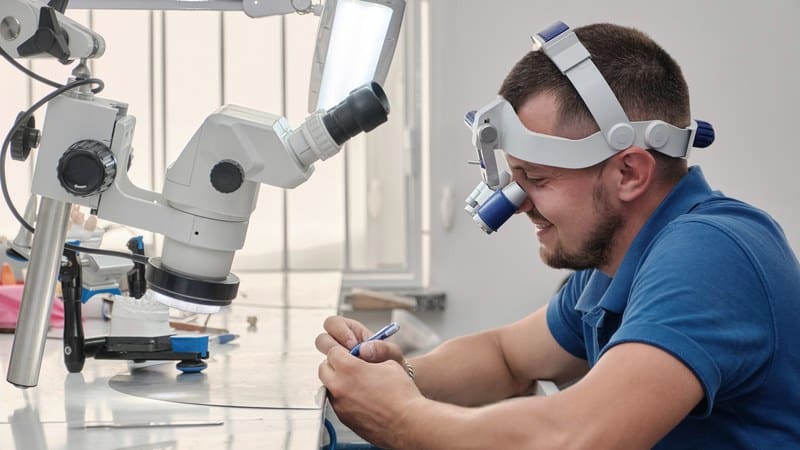 Dental technician working under a microscope with loupes