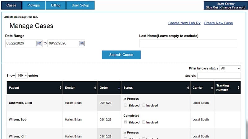 EvoDOCTOR Portal Manage Cases screen showing demo cases with status, shipped and invoiced checkboxes, carrier and tracking number columns